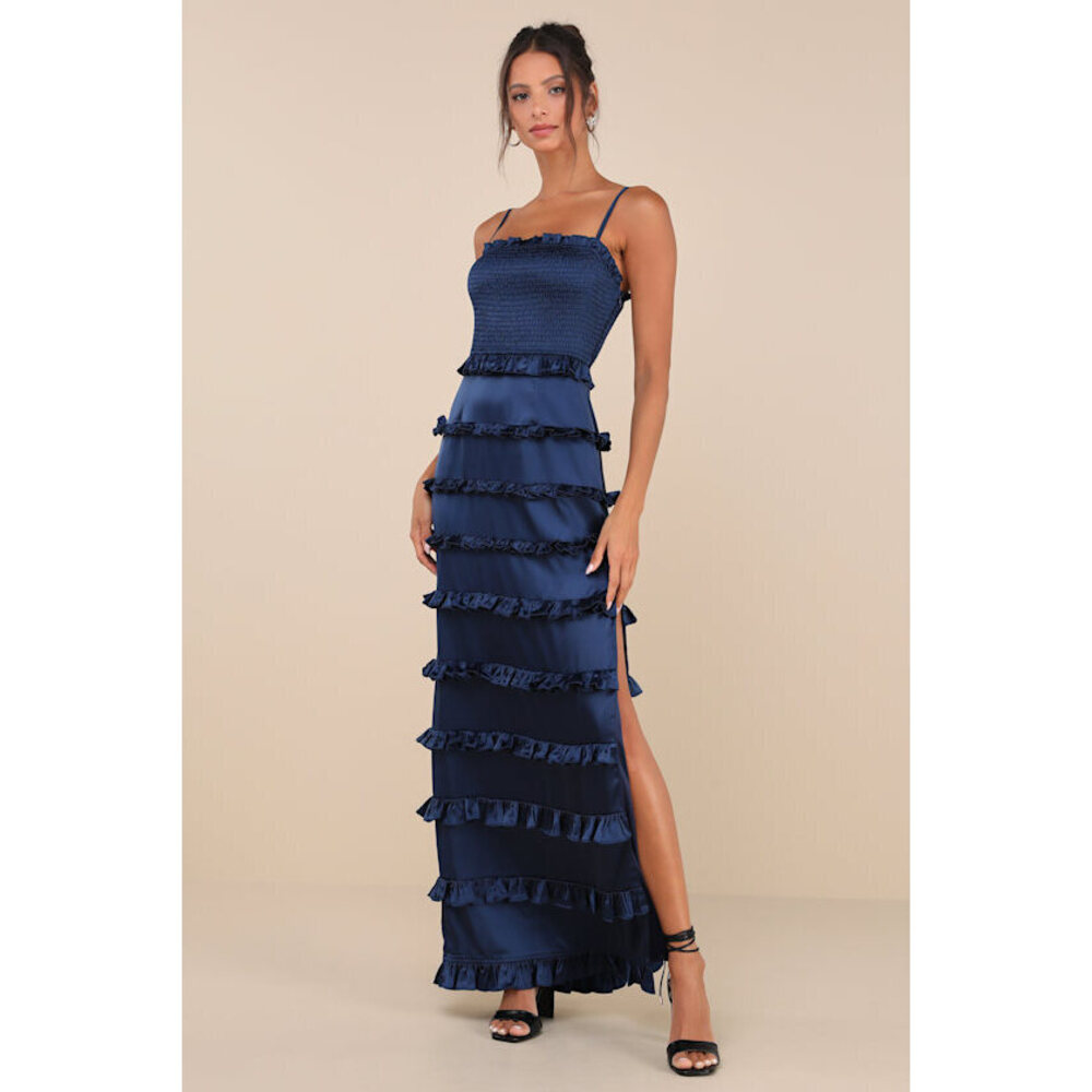 Lulus Sincerely Fabulous Navy Blue Satin Smocked Ruffled Maxi Dress - Size S